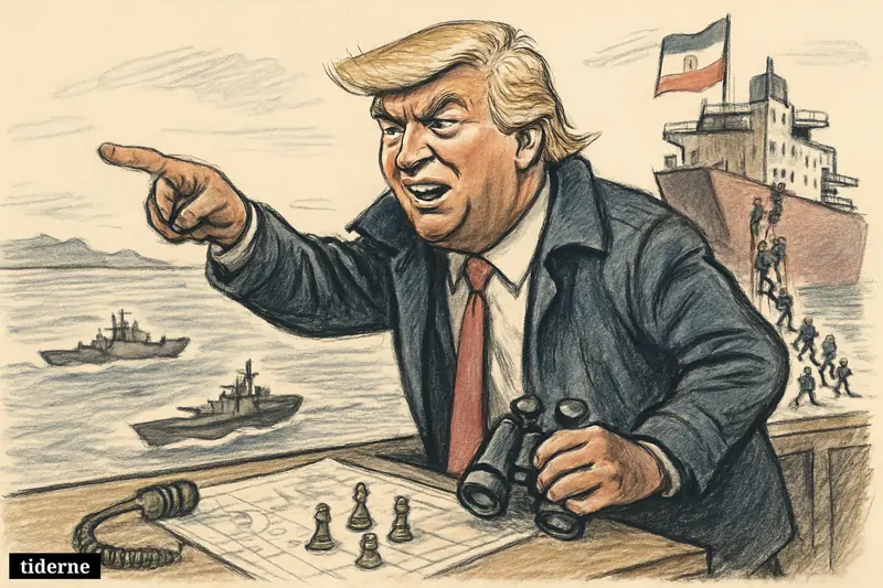 Donald Trump caricature on a naval deck points at a boarded cargo ship as sailors and marines swarm around warships in the Gulf of Oman.