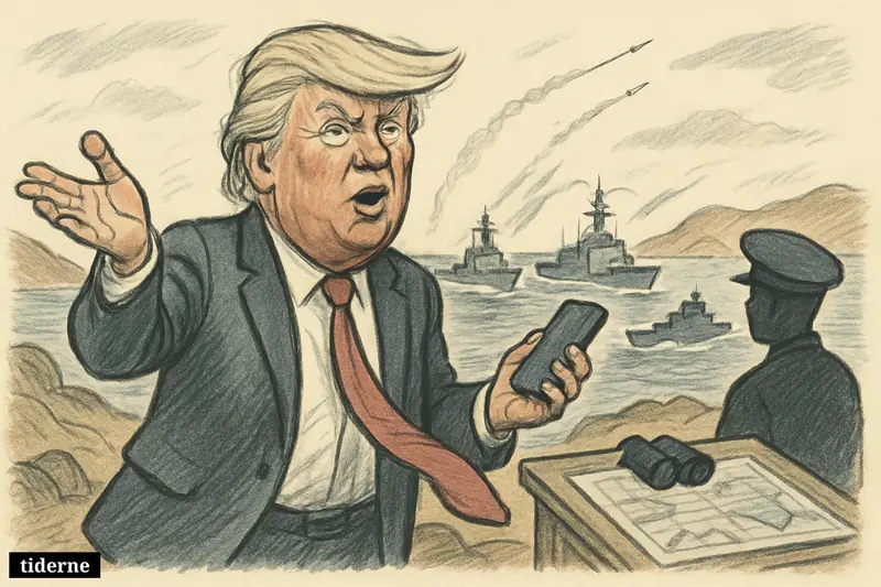 Caricature of Donald Trump brandishing a phone by Hormuz as three destroyers sail through missile fire in the background.