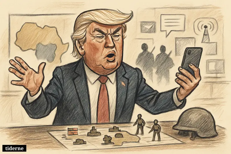Caricature of Donald Trump making a forceful announcement in a war-room setting with a phone, military props, and a map of Nigeria.