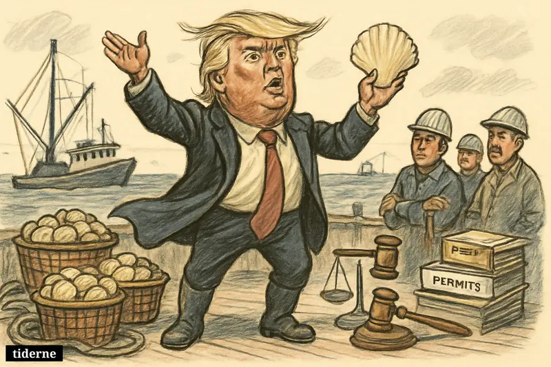 Donald Trump on a fishing boat deck, holding a giant scallop shell while workers, nets, and regulation symbols surround him.
