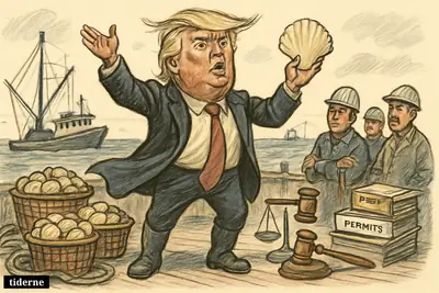 Donald Trump on a fishing boat deck, holding a giant scallop shell while workers, nets, and regulation symbols surround him.
