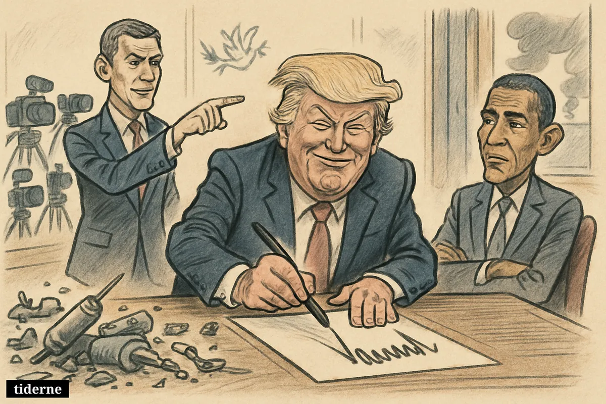 Trump boasts over a blank peace document as Vance points at wrecked nuclear equipment and Obama watches skeptically in a diplomatic room.