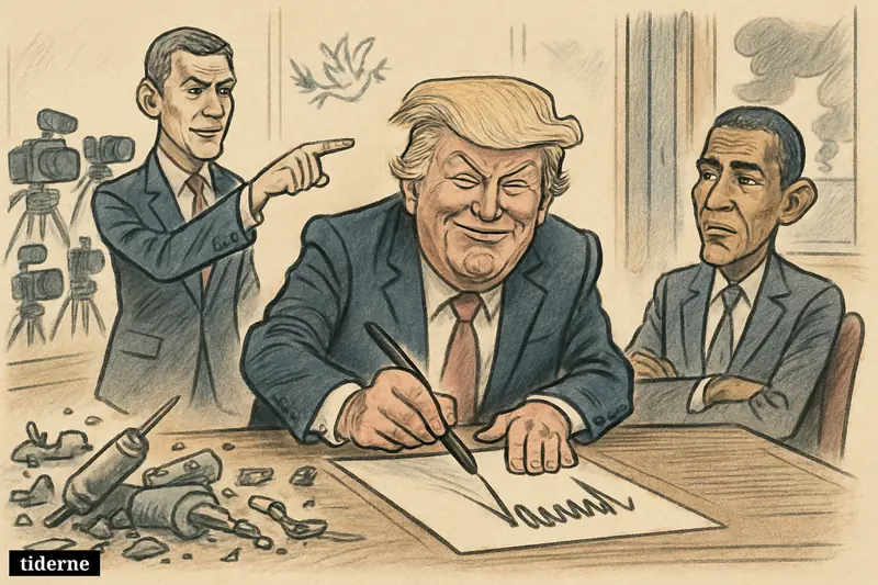 Trump boasts over a blank peace document as Vance points at wrecked nuclear equipment and Obama watches skeptically in a diplomatic room.