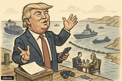 Donald Trump on a dock boasts with phone in hand as ships pause in a narrow strait beside a slack blockade and blank documents.