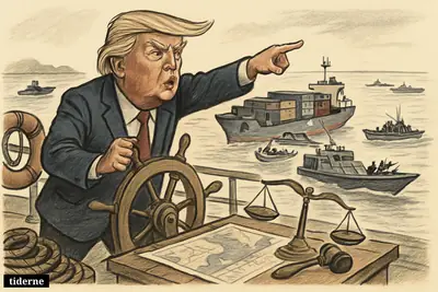 Donald Trump as a dominant caricature on a cargo ship deck, with damaged container vessel, patrol boats, and legal symbols in a tense Hormuz maritime standoff.