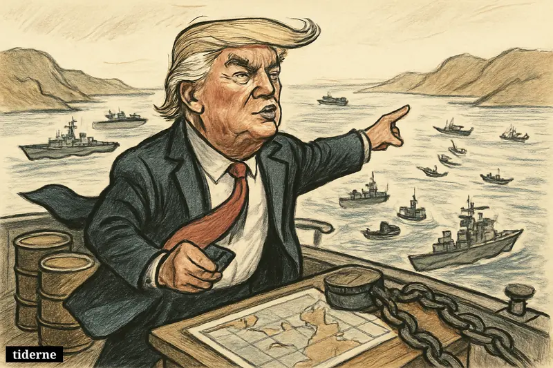 Donald Trump stands on a naval ship, gesturing triumphantly over the Hormuz Strait as tankers pass and warships patrol nearby.