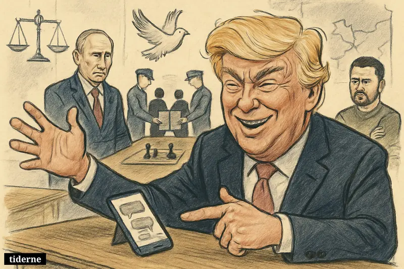 Trump gestures over a smartphone while Putin and Zelenskyj stand skeptically across a negotiation table with prisoner exchange and ceasefire symbols.