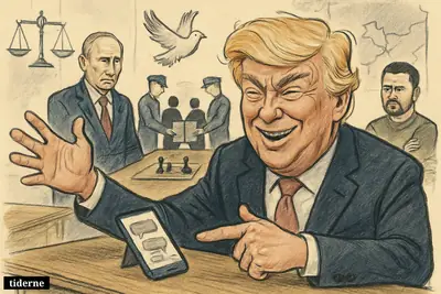 Trump gestures over a smartphone while Putin and Zelenskyj stand skeptically across a negotiation table with prisoner exchange and ceasefire symbols.