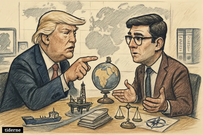 Caricature of Donald Trump and Andy Burnham discussing security, oil, and trade across a meeting table with maritime and energy props. (AI-genereret illustration)