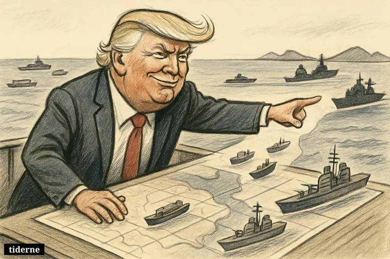 Caricature of Donald Trump on a naval deck, gesturing over Hormuz as cargo ships pass while warships enforce a blockade toward Iran.