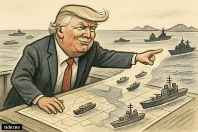 Caricature of Donald Trump on a naval deck, gesturing over Hormuz as cargo ships pass while warships enforce a blockade toward Iran.