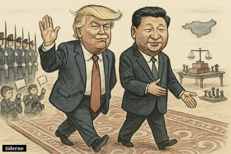 Trump and Xi walk a ceremonial carpet in Beijing while symbols of trade, rivalry, diplomacy, and Taiwan loom behind the pageantry.