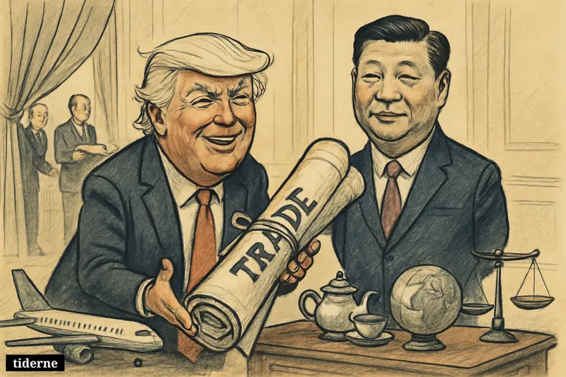 Caricature of Donald Trump and Xi Jinping in a grand Beijing hall, staging a warm summit while sealed trade papers hint at no breakthrough.