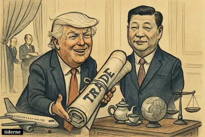 Caricature of Donald Trump and Xi Jinping in a grand Beijing hall, staging a warm summit while sealed trade papers hint at no breakthrough.