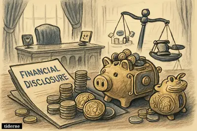 A government office desk piled with disclosure papers, crypto coins, vault piggy bank, skewed scales, and White House-like furnishings.