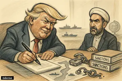 Caricature of Donald Trump signing a deal across from an Iranian diplomat, with a Hormuz map, ships, broken chains, and retreating naval forces.