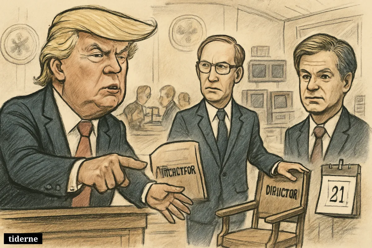 Trump points at a deadline as William Pulte approaches an intelligence director chair, while Christopher Wray and Congress hover amid surveillance props.
