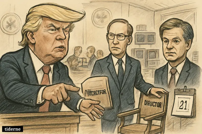 Trump points at a deadline as William Pulte approaches an intelligence director chair, while Christopher Wray and Congress hover amid surveillance props.