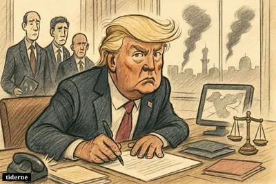 Caricature of Donald Trump at a stalled negotiation table, reacting tensely as distant smoke rises beyond windows behind him.