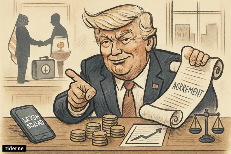 Caricature of Donald Trump presenting an Iran deal at a desk with economic symbols, a phone, and diplomatic figures in the background.