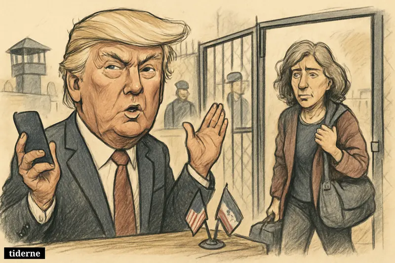 Caricature of Donald Trump announcing a freed American woman emerging safely through a guarded gate, with diplomatic tension in the background. (AI-genereret illustration)