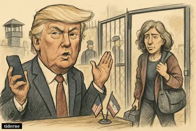 Caricature of Donald Trump announcing a freed American woman emerging safely through a guarded gate, with diplomatic tension in the background. (AI-genereret illustration)