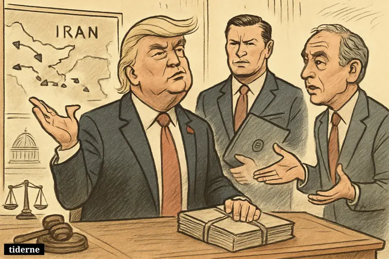 Trump smirks at a White House desk as Pete Hegseth stands beside him and Tim Kaine questions them near war-related props.