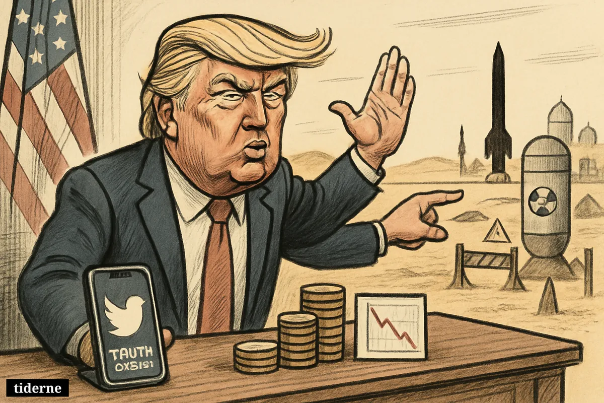Caricature of Donald Trump warning from behind a desk, with a Truth Social phone, economic props, and distant blocked nuclear threats.