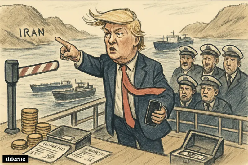 Donald Trump on a cargo ship points through the Strait of Hormuz beside an unused toll barrier, coins, papers, and passing tankers.