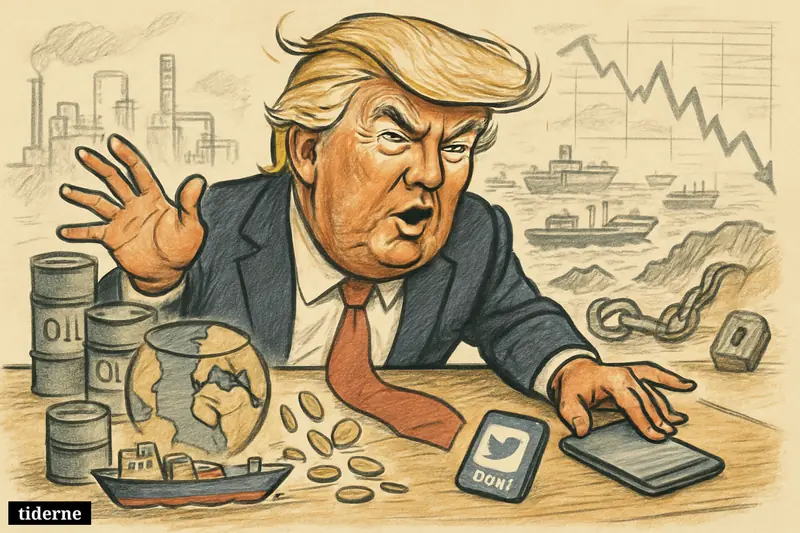Caricature of Donald Trump posting from a desk as ships crowd the Strait of Hormuz amid oil, markets, and geopolitical tension.