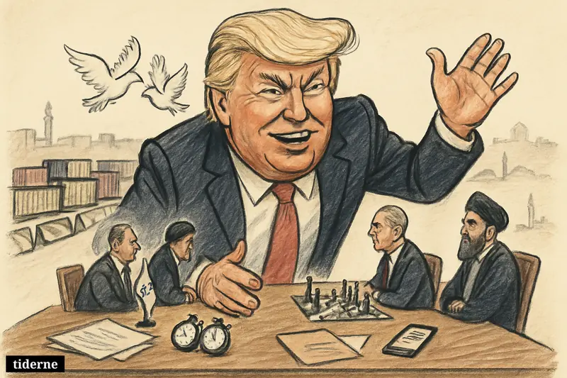 Caricature of Donald Trump announcing a ceasefire over tense Israeli and Iranian negotiators, with blockade barriers and peace-talk symbols around them.