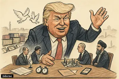 Caricature of Donald Trump announcing a ceasefire over tense Israeli and Iranian negotiators, with blockade barriers and peace-talk symbols around them.