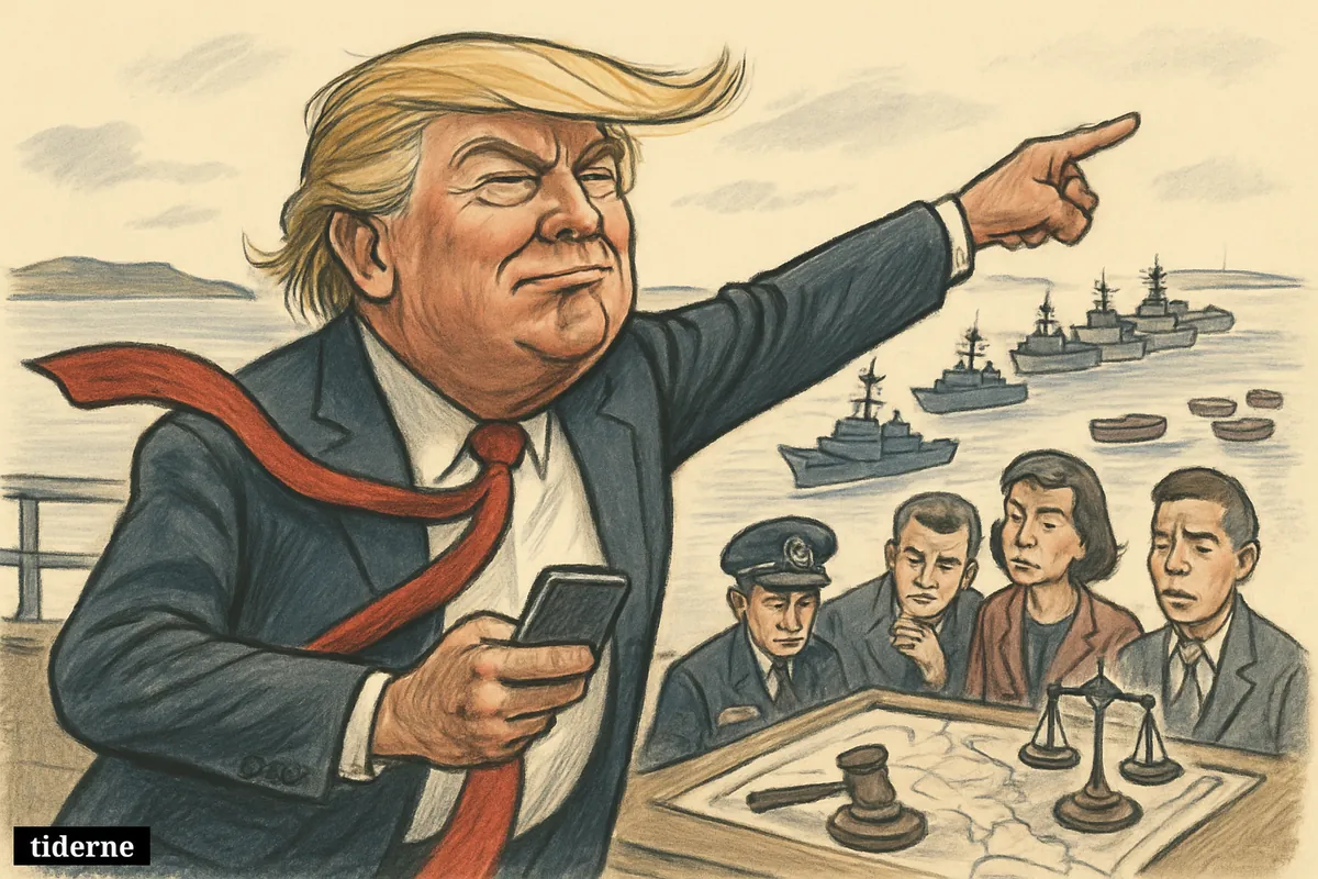 Donald Trump caricature boasts on a naval deck as warships block a waterway and skeptical aides stand beside legal symbols.