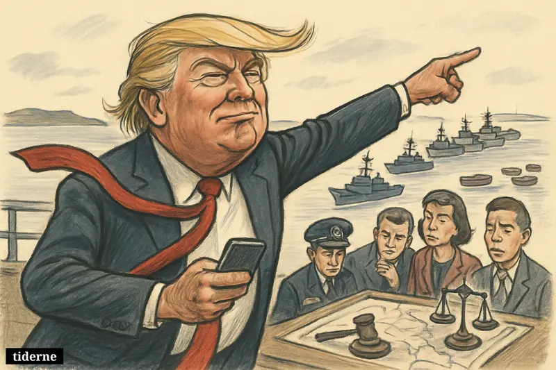 Donald Trump caricature boasts on a naval deck as warships block a waterway and skeptical aides stand beside legal symbols.