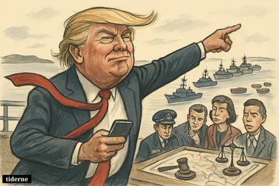 Donald Trump caricature boasts on a naval deck as warships block a waterway and skeptical aides stand beside legal symbols.