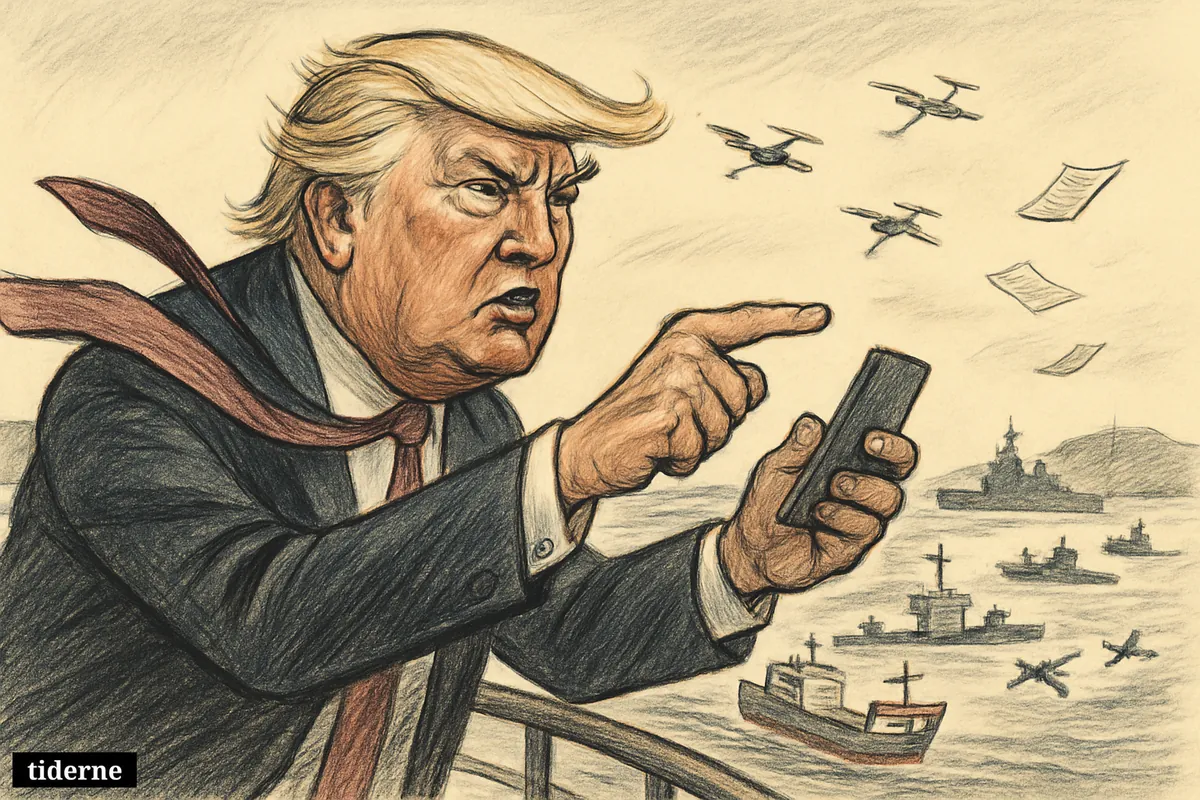 Caricature of Donald Trump on a ship deck angrily pointing across a strait as drones menace cargo ships in the distance.