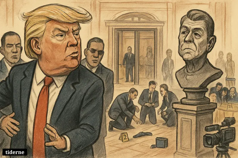 Trump is rushed by agents in a hotel ballroom entrance as investigators examine a weapon and anxious officials scatter nearby.