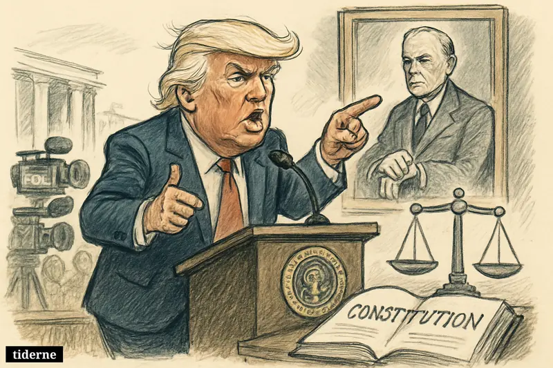 Donald Trump at a podium faces legal symbols blocking him, while Franklin D. Roosevelt appears behind as a stern historical reminder. (AI-genereret illustration)