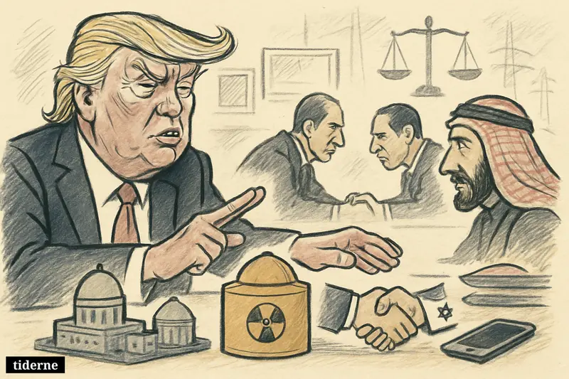 Caricature of Donald Trump blocking uranium enrichment while tying a Saudi civil nuclear deal to a Saudi-Israeli diplomatic handshake. (AI-genereret illustration)