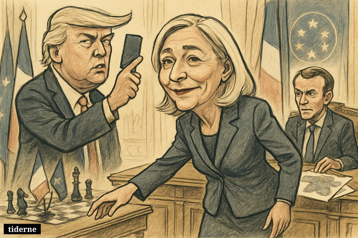 Marine Le Pen strides toward a French presidential desk as Donald Trump gestures with a phone and Emmanuel Macron watches tensely nearby. (AI-genereret illustration)