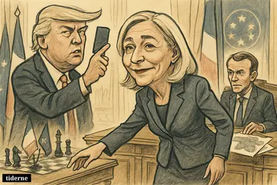 Marine Le Pen strides toward a French presidential desk as Donald Trump gestures with a phone and Emmanuel Macron watches tensely nearby. (AI-genereret illustration)
