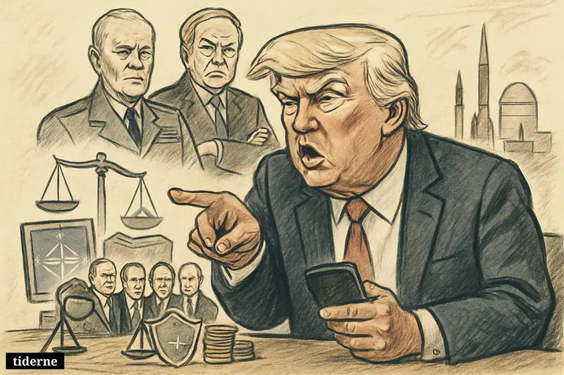 Caricature of Donald Trump confronting NATO allies at a summit table, with Eisenhower and Robert Gates behind him and Iran war symbols in the distance.
