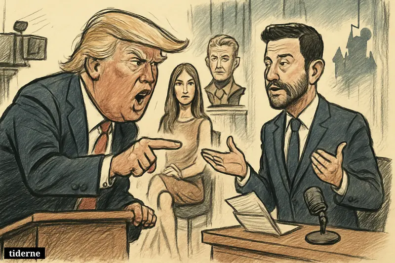 Trump angrily points at Jimmy Kimmel on a TV stage while Melania watches and Reagan’s bust overlooks the confrontation.