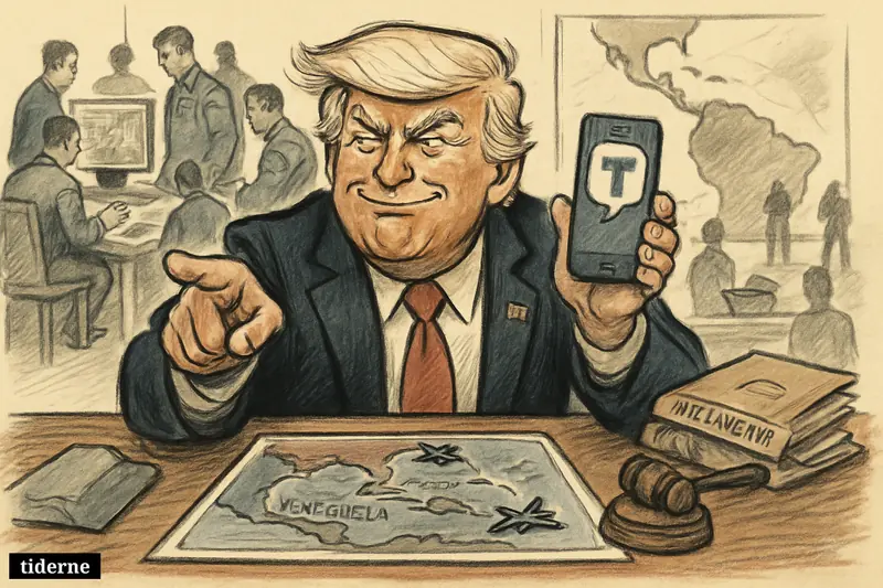 Caricature of Donald Trump at a desk with phone and military strike map, surrounded by officers in a command-room setting.