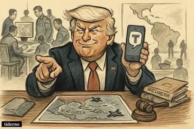 Caricature of Donald Trump at a desk with phone and military strike map, surrounded by officers in a command-room setting.