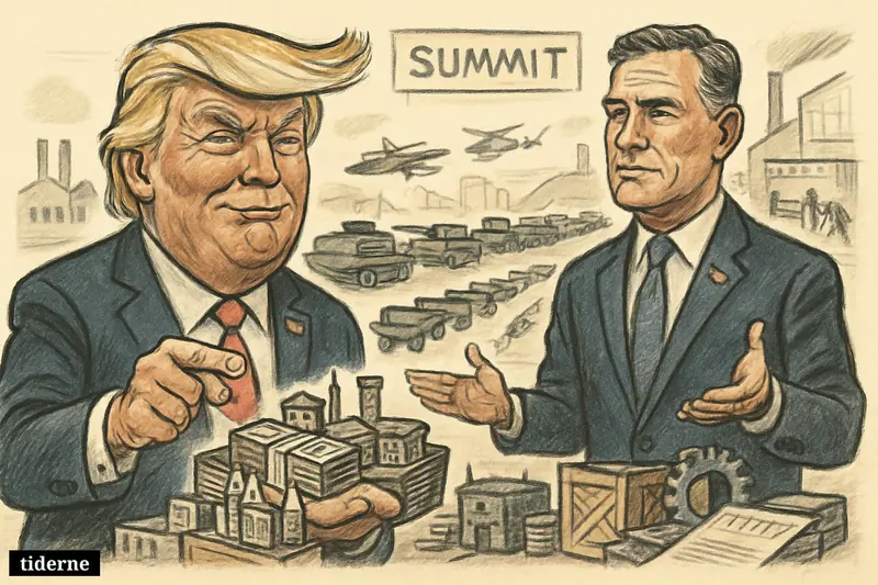 Trump and Dave McCormick on a stage presenting money and defense factory models, with military production lines behind them in Pennsylvania. (AI-genereret illustration)