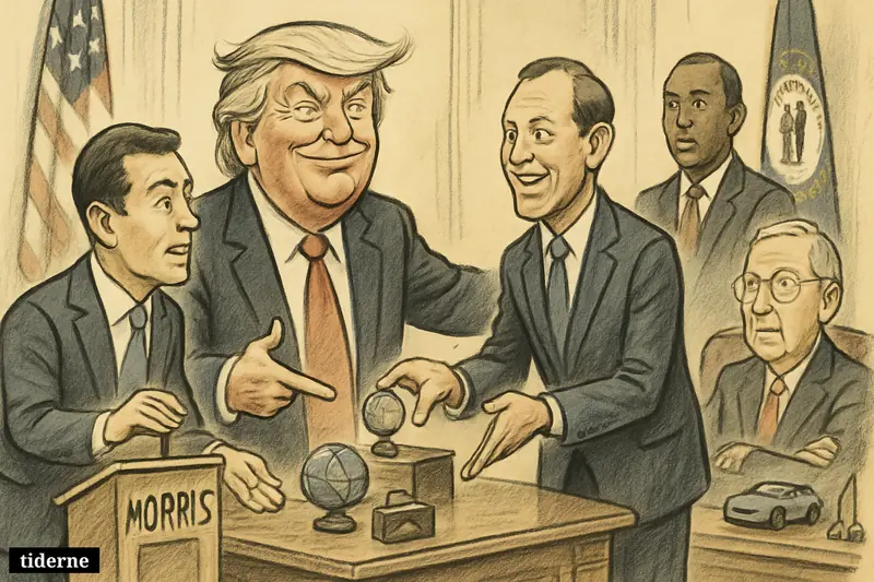 Trump gestures between Andy Barr and Nate Morris in an office, while Cameron and McConnell watch and diplomatic props signal a political tradeoff.