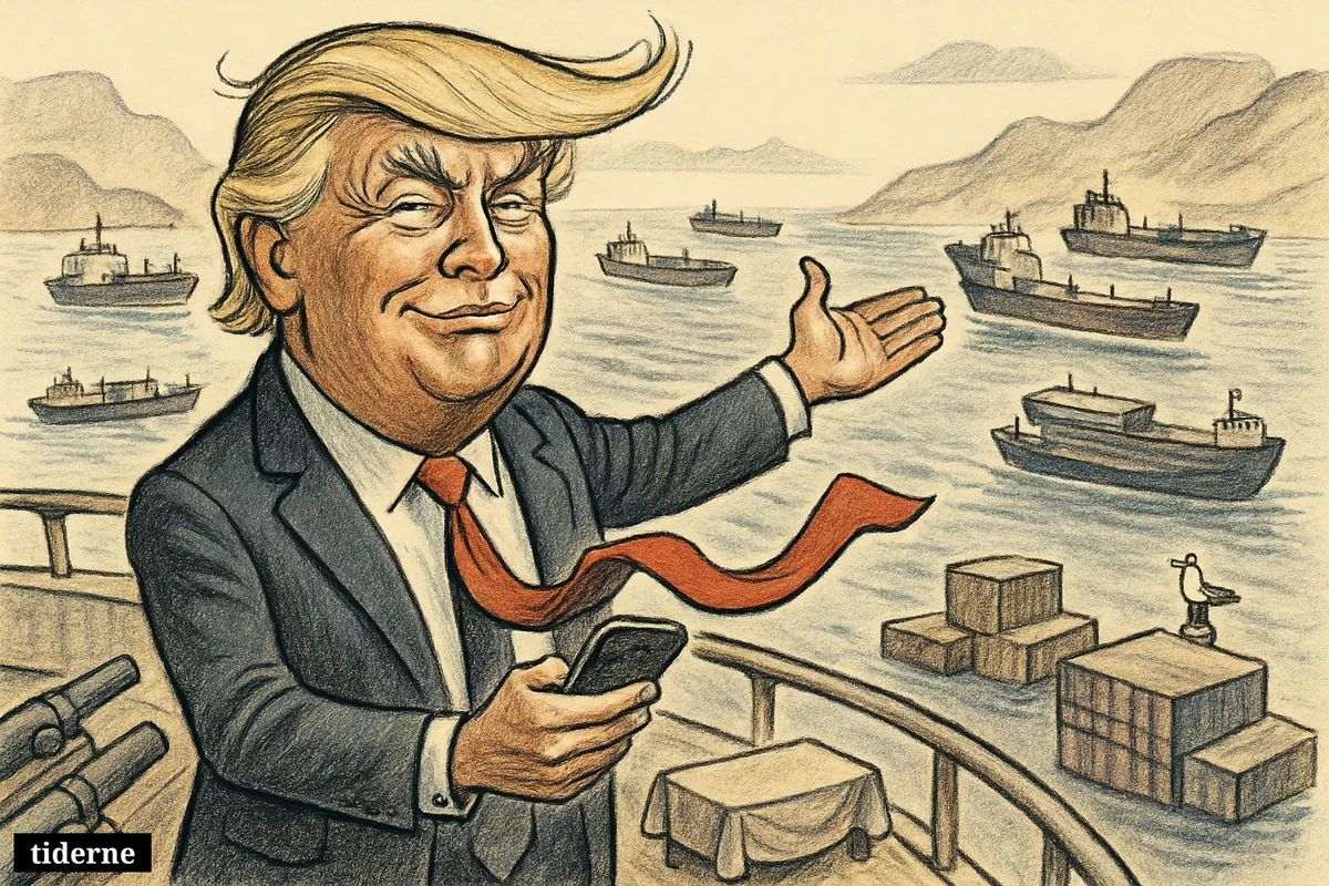 Caricature of Donald Trump on a ship deck, gesturing over calm tanker traffic moving through the Strait of Hormuz during a ceasefire.