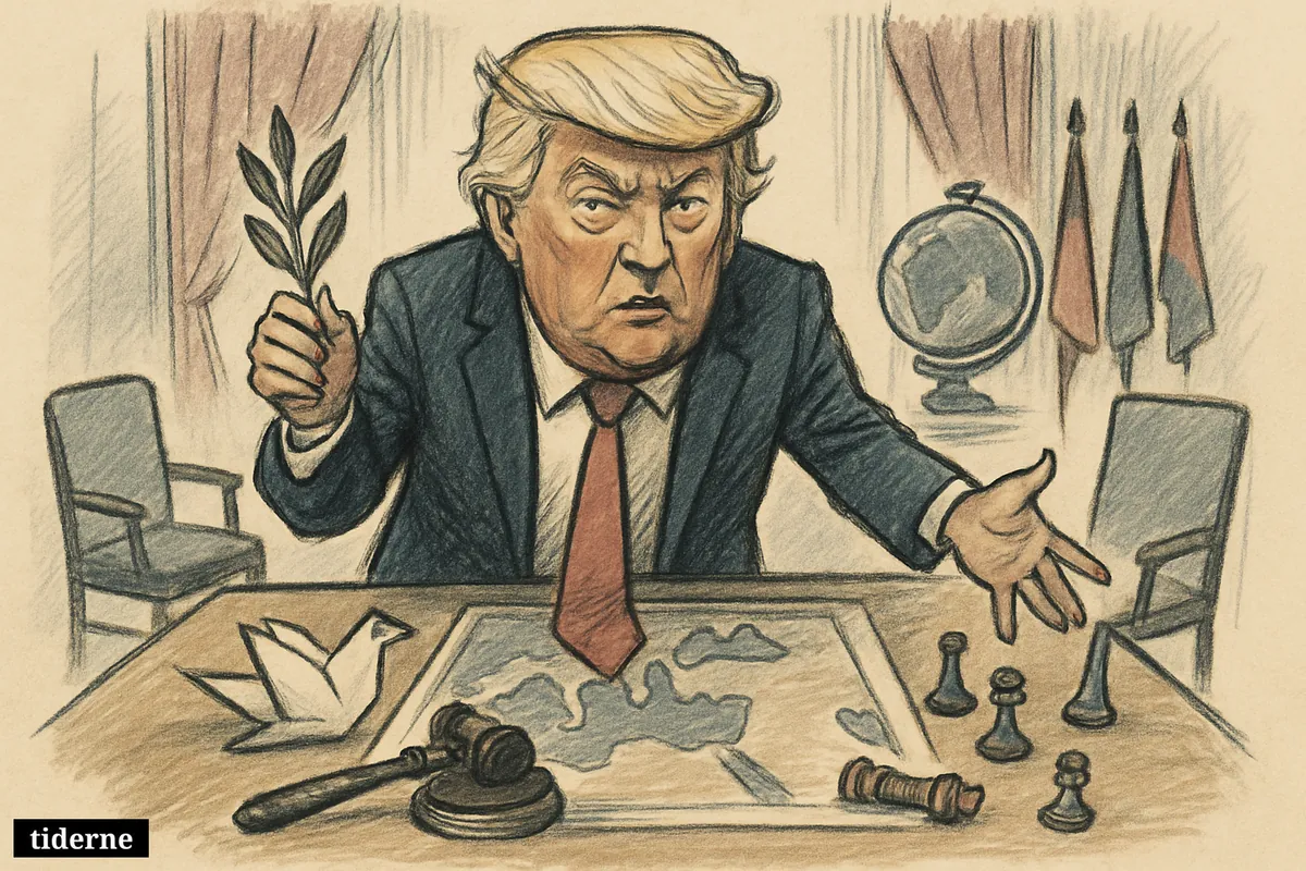 Donald Trump leans over a Middle East map at a negotiation table, holding an olive branch beside symbols of truce, war, and diplomacy.