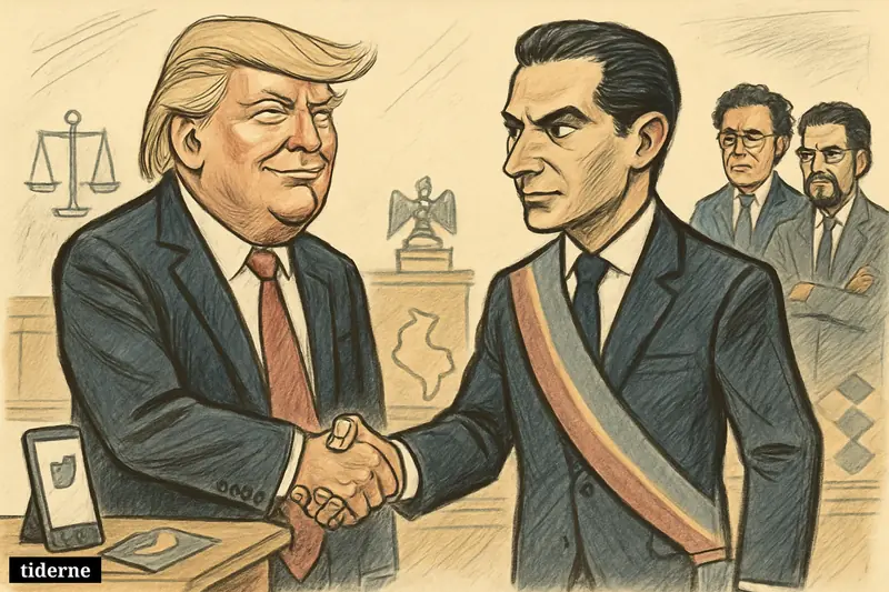 Trump shakes hands with Colombia’s new president Abelardo de la Espriella while Petro and Cepeda watch from the side in a political caricature scene.